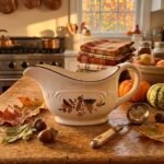 Saucière en céramique motif automnal — Feuilles de chêne et glands