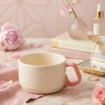 Tasse en céramique blanc crème avec anse rose pastel