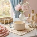 Tasse en céramique blanc crème avec anse bleu pastel