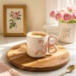Mug en Céramique Blanche - Anse Nœud Sculpturale et Ruban Rose Pastel